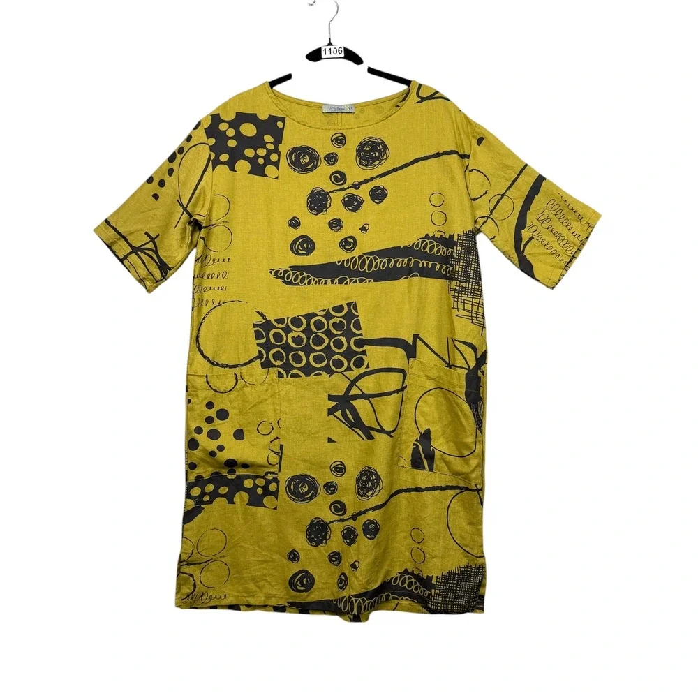 Chalet et Ceci Tunic Dress Womens XS Green Abstract Print Lagenlook Linen